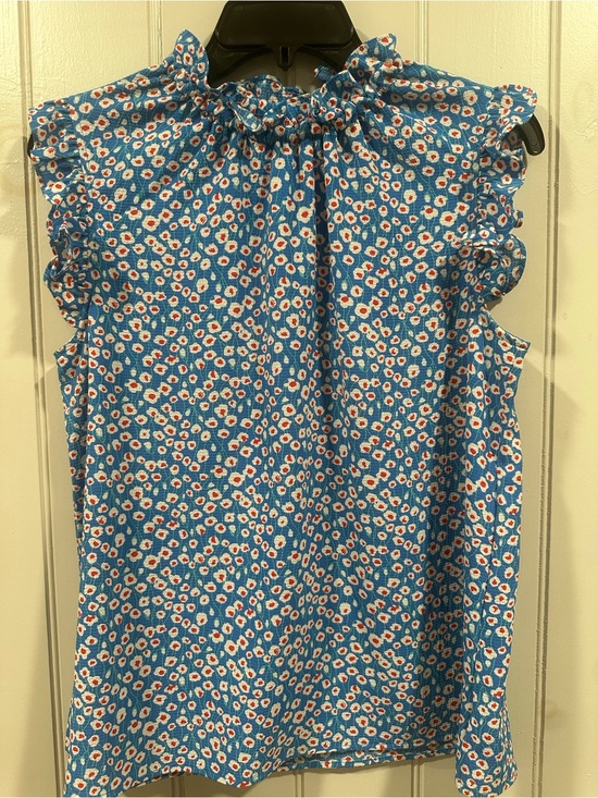 Tops - Sleeveless Blue Floral Ruffle Neck Top